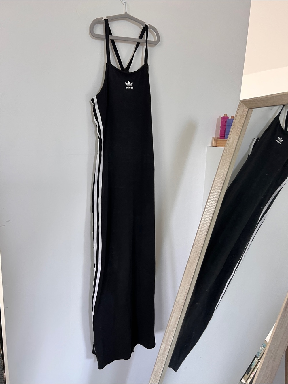 adidas Black Maxi Dress with White Side Stripes and High Slit ** marks.  XS - Picture 3 of 6